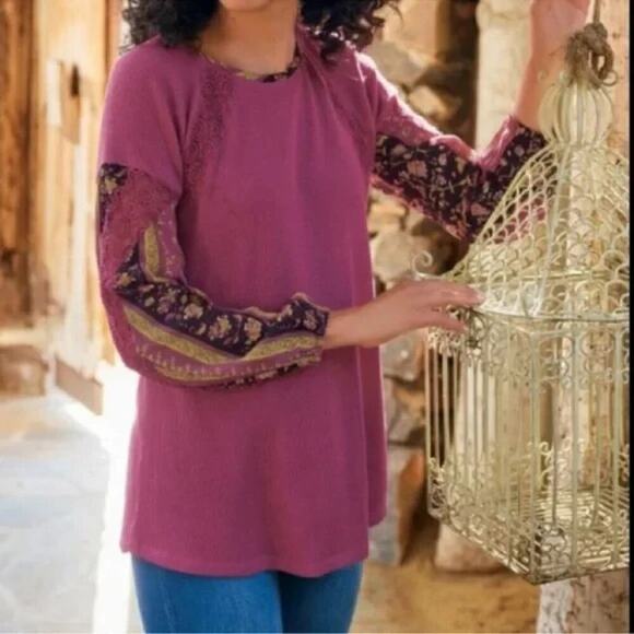 Soft Surroundings Thermal Top Size Medium Plumberry Waffle Knit Crochet Boho - Picture 1 of 9